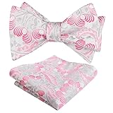 Alizeal Mens 2pcs Self-tied Colorful Floral Bone Bow Tie Set with Handkerchief Casual Flower Tie Set, Silver+Hot Pink