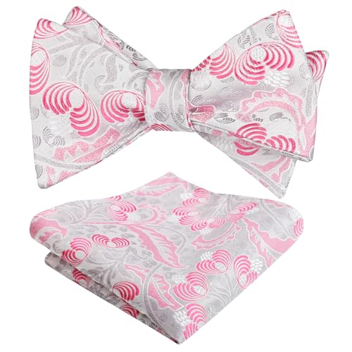Alizeal Mens 2pcs Self-tied Colorful Floral Bone Bow Tie Set with Handkerchief Casual Flower Tie Set, Silver+Hot Pink
