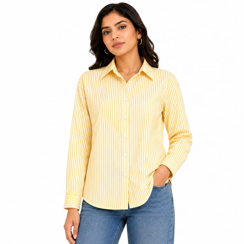 Women's Cotton Blend Striped Button Down Shirt, Light Yellow, Long Sleeve Collared Shirt, Regular Fit, Breathable Casual Wear-picture-20