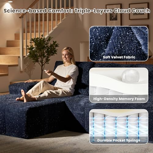 Image of 114 inch Glitter Cloud Sectional Couch with L-Shape Chaise, Modern Boneless Couches for Living Room, Fluffy Tufted Deep Seat Modular Sofa in a Box No Assembly