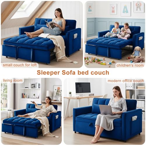 Image of Dreamzie 53 inch Sleeper Sofa, 3 in 1 Convertible Sofa Bed & Pull Out Couch, Modern Velvet Loveseat with Adjustable Backrest, Side Pocket & 2 Pillows for Apartment Living Room, Blue