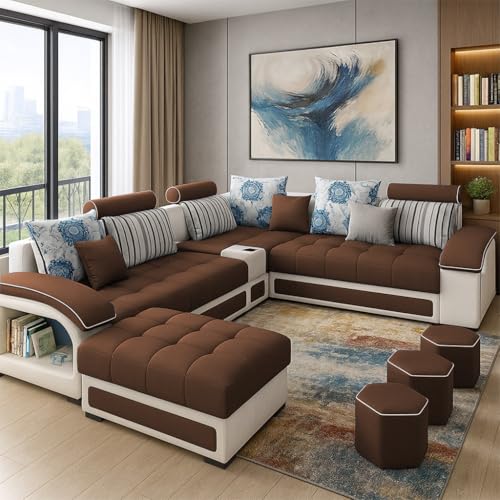 Image of Casaliving Yamir Modern U-Shaped Sectional Sofa Set with Storage, 9 Seater, Sofa Couch with 4 Puffy for Hall Guest Room (Brown & Grey) Premium Fabric Sofa Set