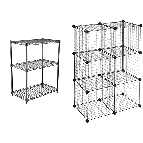 Amazon Basics 3-Shelf Adjustable, Heavy Duty Storage Shelving Unit, Steel Organizer Wire Rack, Black & 6 Cube Grid Wire Storage Shelves, Black #TOP10