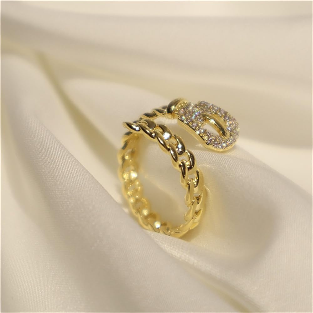 Cubic Zirconia Belt Open Ring for Women Unique Personalized Wrap Adjustable Gold-Tone Plated Statement CZ Crystal Wedding Stacking Middle Thumb Finger Band Cuban Chain Cocktail Party Comfort Fit - Image 5