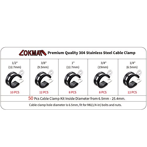 Cable Clamp Assortment Kit, Lokman 50 Pieces Stainless Steel Cushion Pipe Clamps Line Clamps Assorted In 5 Size 1/4'' 3/8'' 1/2'' 3/4'' 1'' Come With Durable Pp Storage Case With Chart #TOP5