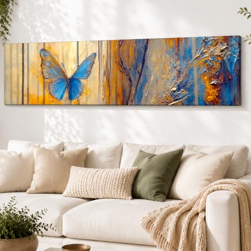 Image of Large Stretched Canvas Painting, Panel Wall Painting Abstract Blue Butterfly Luxury Paintings for Home Decoration, Living room, Bedroom and Office Decor (Blue, 12x46 Inch)