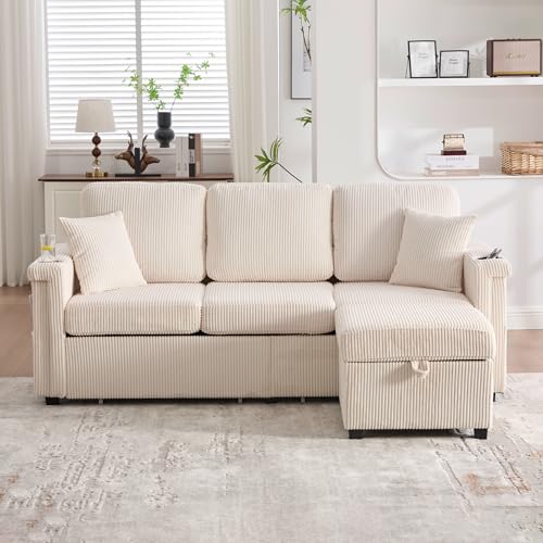 GDFStudio Modern L-Shaped Sectional Sofa with Pull-Out Storage, Ottoman, USB