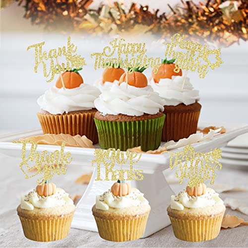 Gold Happy Thanksgiving Cupcake Toppers Give Thanks Cupcake Toppers Thank You Cupcake Toppers Friendsgiving Cupcake Food Toppers For Thanksgiving Friendsgiving Party Cake Food Supplies - 24Pcs #TOP1