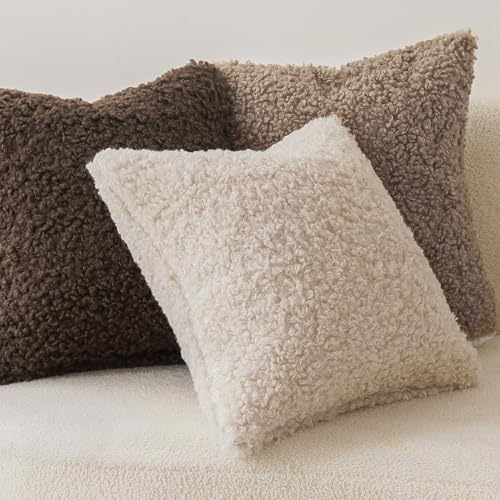 Image of Foindtower 2 Pieces Teddy Faux Fur Throw Pillow Cover Decorative Sherpa Pillow Fuzzy Sheepskin Accent Cushion Case Soft Fleece Pillowcases for Bed Couch Living Room 18x18 Inch Khaki