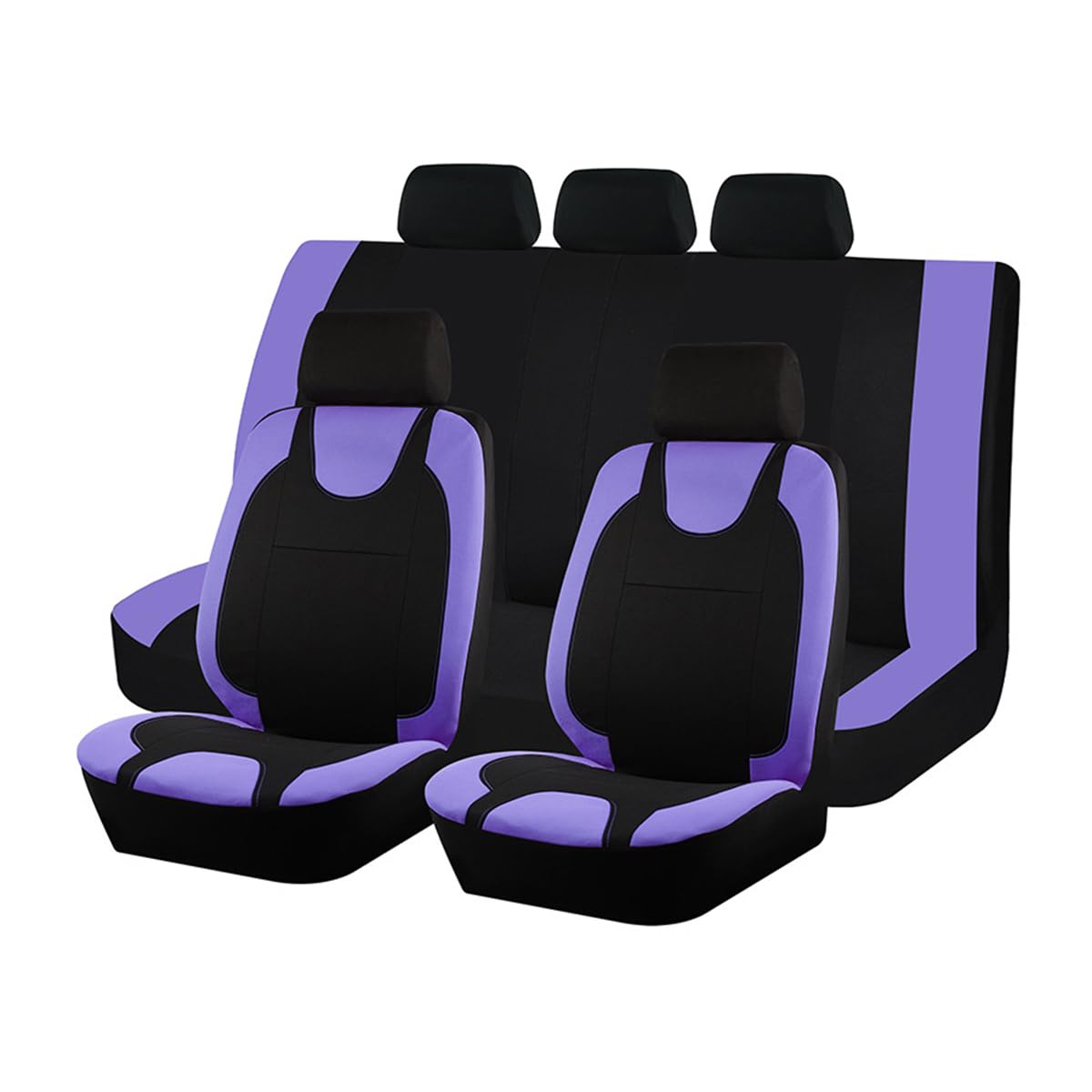 Car Seat Covers Full Set, Polyester Vehicle Front ＆ Rear Bench Seat Protectors with 5 Headrest Covers, Automotive Interior Chair Protection Accessories, Universal Fit (Purple)