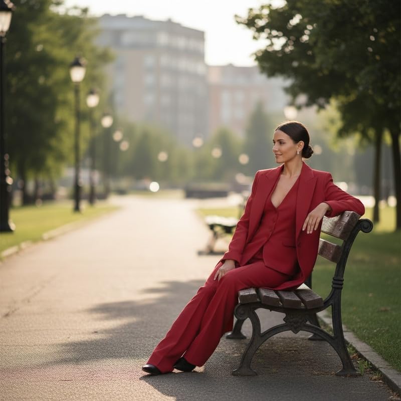 Women's Solid Color 3 Piece Suit Peak Lapel Long Blazer V Neck Vest Pant Suit for Wedding Guests
