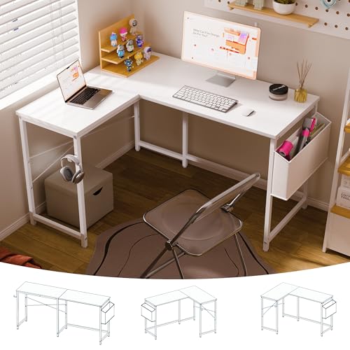 Image of Pamray 47 Inch Reversible L Shaped Gaming Desk Corner Computer Desk with Storage Bag Home Office Table for Writing Study White