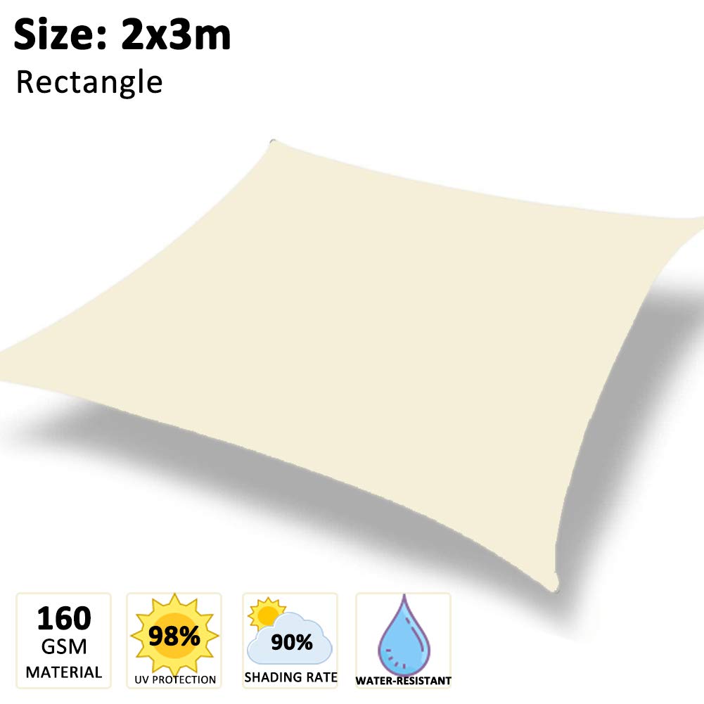 2m x 3m Rectangle Sun Shade Sail Water Resistant Outdoor Garden Patio Party Sunscreen Awning Canopy 98% UV Block with Free Ropes for Garden, Patio, Terrace, Camping (Cream White)