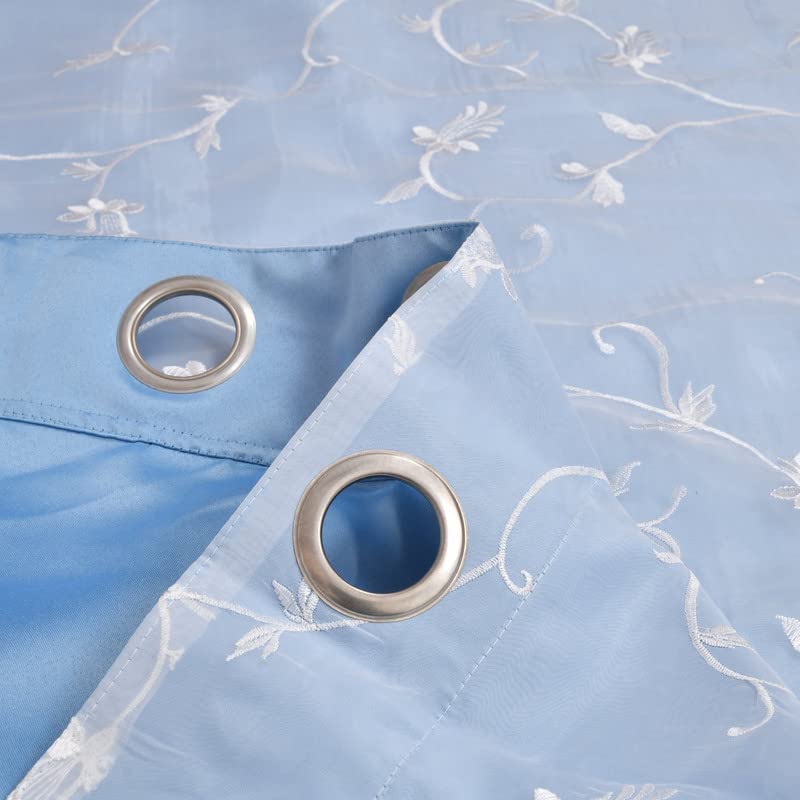 Image of 2 in 1 Embroidery Transparent Polyester Door Curtain with 80% Blackout Set of 2 Pieces(9 Feet, White Embroidery+Sky Blackout)