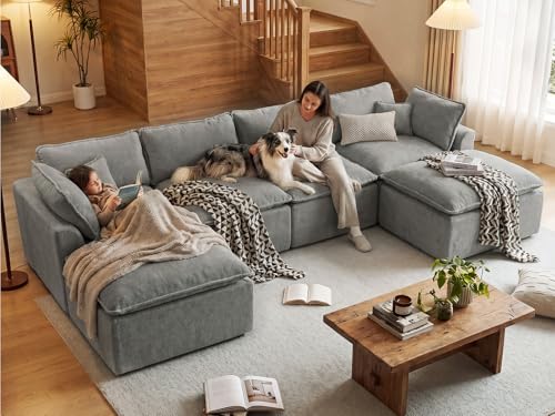 Image of COSIEST 139'' Boneless Sectional Couch, Modular Sectional Sofa with Ottoman, 6 Seater U Shaped Cloud Couch for Living Room, Grey