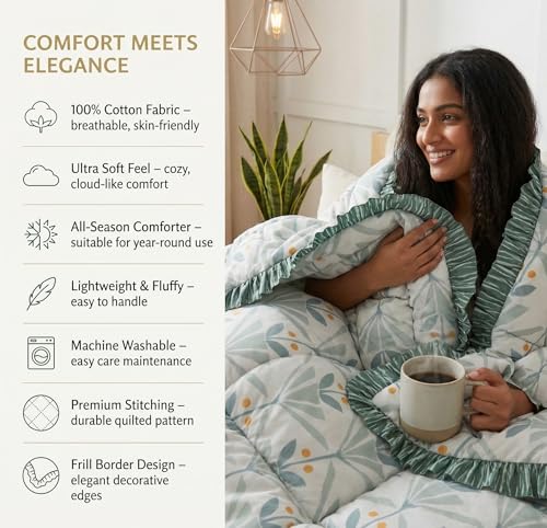Image of VAS COLLECTIONS Cloud Cotton Reversible AC Comforter for Double Bed (88x90 Inch) 220 GSM Lightweight Quilt /Duvet /Dohar with 2.5 Inch Frill Border, Super Soft All Season Blanket (See Green)