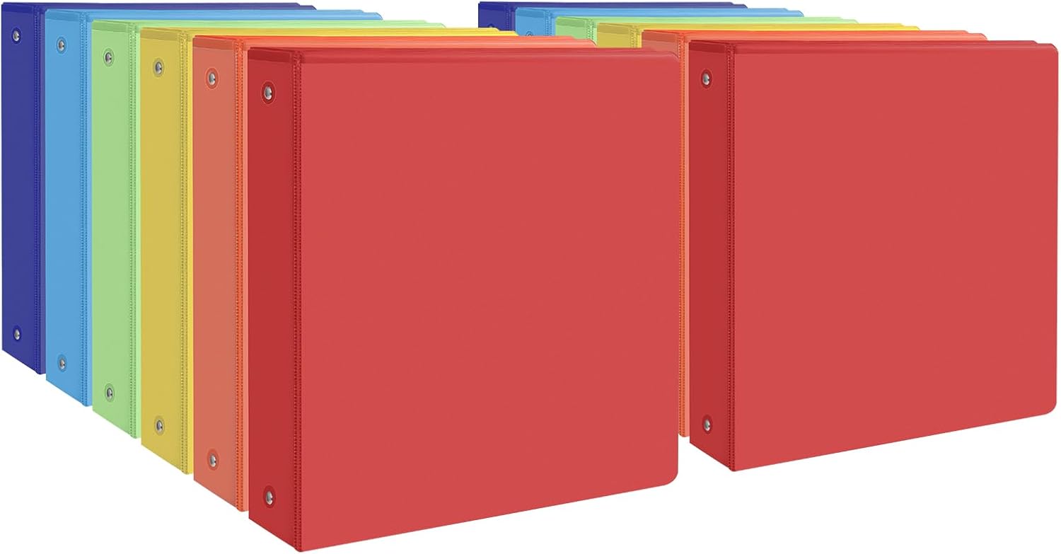 1-inch 3-ring binder set with 2 inside pockets, assorted 12-pack