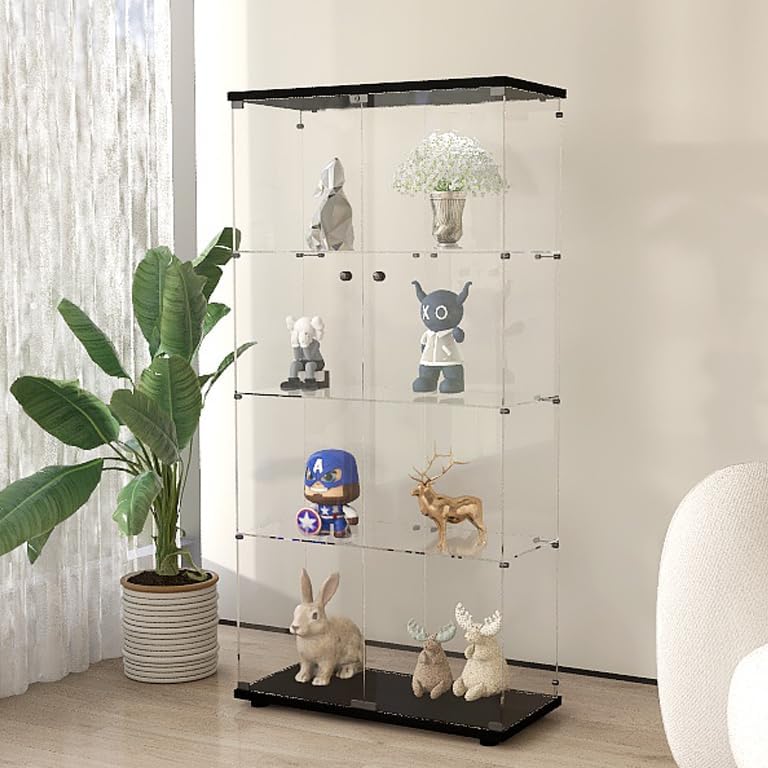 Frameless Glass Display Cabinet, Curio Cabinet Display Case with Lock and 2 Doors, Quick-Install Floor Standing Large Showcase Display Shelf for Collectibles, Legos, Figures, Plants