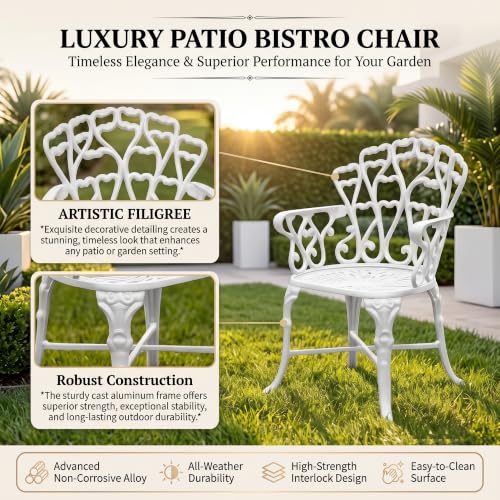 Image of BRISHI Cast Aluminium Garden Patio Seating Chair and Table Set for Balcony Outdoor Furniture with 1 Table and 2 Chair Set (White)