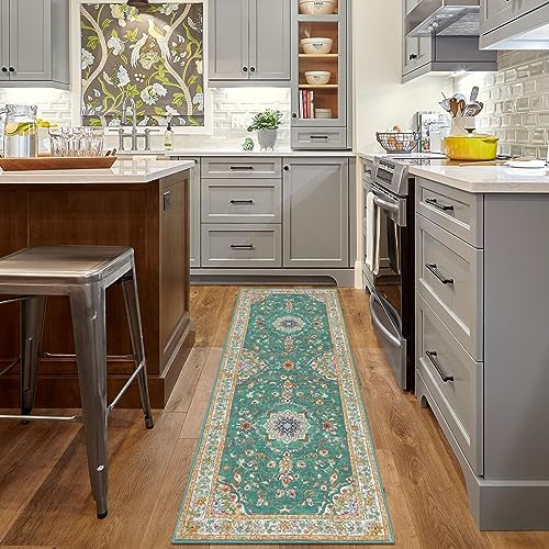 Enyhom Hallway Runner Rugs 60 x 180cm Green Non Slip Entrance Carpet Runner Long Vintage Floral Kitchen Runner Area Rug Washable Floor Mat for Living Room Bedroom Dining Room - Image 3