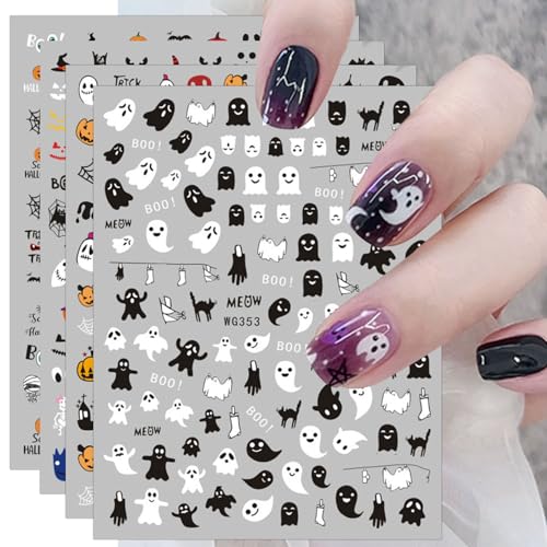 JMEOWIO 12 Sheets Halloween Nail Art Stickers Decals Self-Adhesive Cute Ghost Nail Supplies Nail Art Design Decoration Accessories