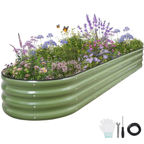 Permade Galvanized Raised Garden Bed - 8x2x1FT Metal Planter Boxes Outdoor | Oval Steel Raised Bed Kit for Gardening with Protective Tape, Bracing Rods, Gloves for Vegetables, Flower, Herb (Green)