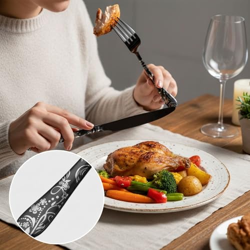 Image of 5 Pcs Black Floaral Stainless Steel Cutlery Set for Dining Table with Spoon and Fork Set & Butterknife - The Perfect Tableware /Flatware