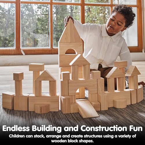 Image of PlanToys Wooden 50 Piece Unit Block (35 mm) Building Set (5502) | Sustainably Made from Rubberwood and Non-Toxic Paints and Dyes | PlanNatural Classic Wooden Toy Collection