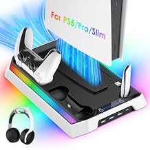 محطة تبريد PS5/Slim/Pro، شاحن وحدة تحكم RGB P5 لملحقات PS5، مروحة تبريد فائقة الهدوء لوحدة التحكم الرقمية/القرصية PS5، مع مروحة 3 مستويات، 4 محاور USB