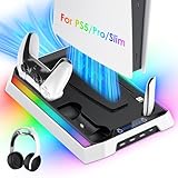 PS5/Slim/Pro Cooling Station, RGB P5 Controller Charger for PS5 Accessories, Ultra Quiet Cooling Fan for PS5 Digital/Disc Console, with 3 Level Fan, 4 USB Hub ﻿