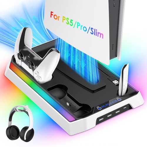 PS5/Slim/Pro Cooling Station, RGB P5 Controller Charger for PS5 Accessories,