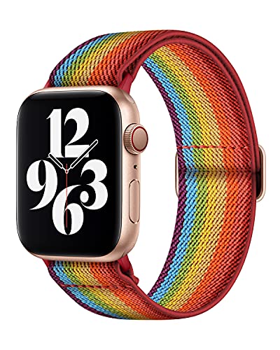 AMANECER Stretchy Nylon Watch Bands Compatible with Apple Watch Series 9/8/7/6/5/4/3 SE 2/1, Adjustable Braided Elastic Sport Loop Rugged Straps for iWatch Women Men (Pride Rainbow, 38/40/41MM)