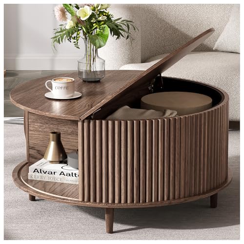 JOINICE,Round Coffee Table with Storage, 31.5' Fluted...
