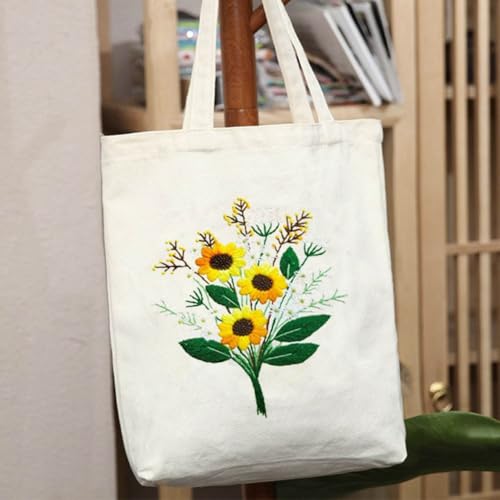 Image of YANGSHINE Canvas Tote Bag Embroidery Kit for Beginners, Arts and DIY Crafts Kits with Pattern for Adults, Include Stamped Flower Pattern, Hoop, Color Threads and Tool (Beige Bag, Flower #2)