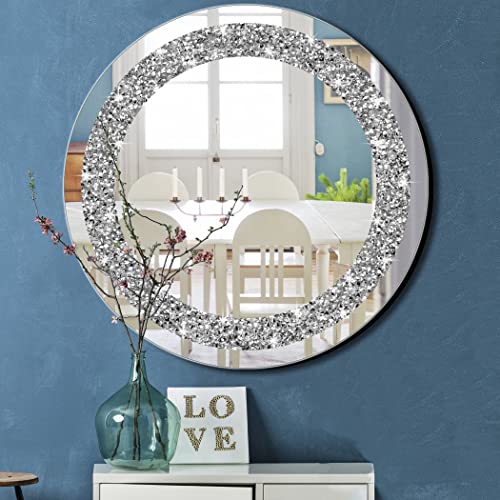Qmdecor Round Wall Mirror For Home Decoration In Crystal Crush Diamond Silver 31.5X31.5X1 Inch Wall Hang Frameless Mirror Glass Diamond Décor. #TOP8