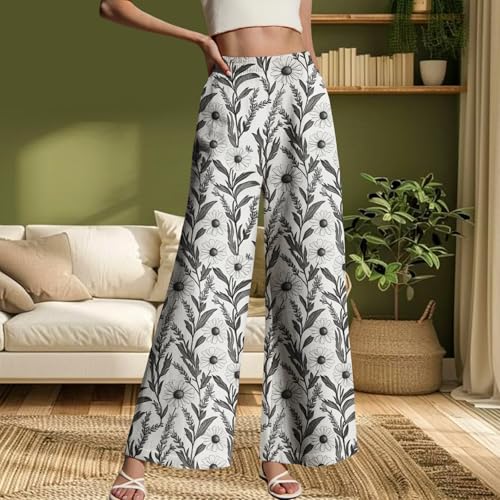 Womens Summer Wide Leg Pants Floral Print Elastic Waist Lightweight Bohemian Casual Trousers2
