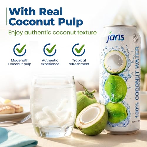 Image of Jans 100% Coconut Water with Pulp, No Added Sugar, Natural Electrolyte Hydration Drink, Unsweetened Coconut Juice Beverage, 16.57 Fl Oz Cans (Pack of 12)