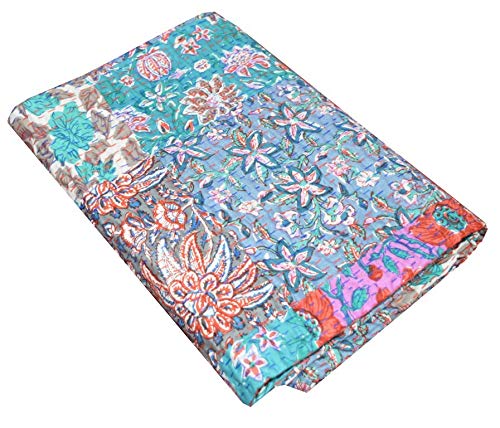 Yuvancrafts Cotton Kantha Quilt - Indian Handmade Bedding - Traditional Patchwork Printed Blanket Twin Size Quilt Bedspreads Throw (Multicolor) - 60