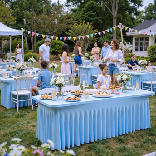 Image of 3 Packs Baby Blue Spandex Tablecloths for 6 Foot Rectangle Tables, Stretchy Fitted 6FT Blue Table Skirt for Wedding Party, Wrinkle Free Tablecloths for Banquet Wedding Birthday Party