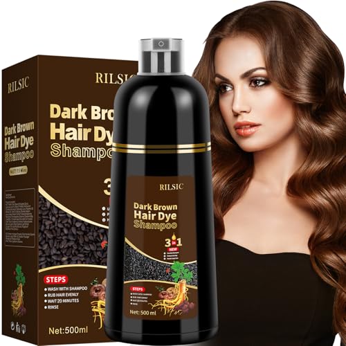 Hair Dye Shampoo 3 en 1 Cubre Canas, 500ML Black Hair Dye Shampoo 3 en 1,Hair Color, Champú Color Tinte Pelo Barba Champu Canas Instantáneo (Castaño Oscuro)