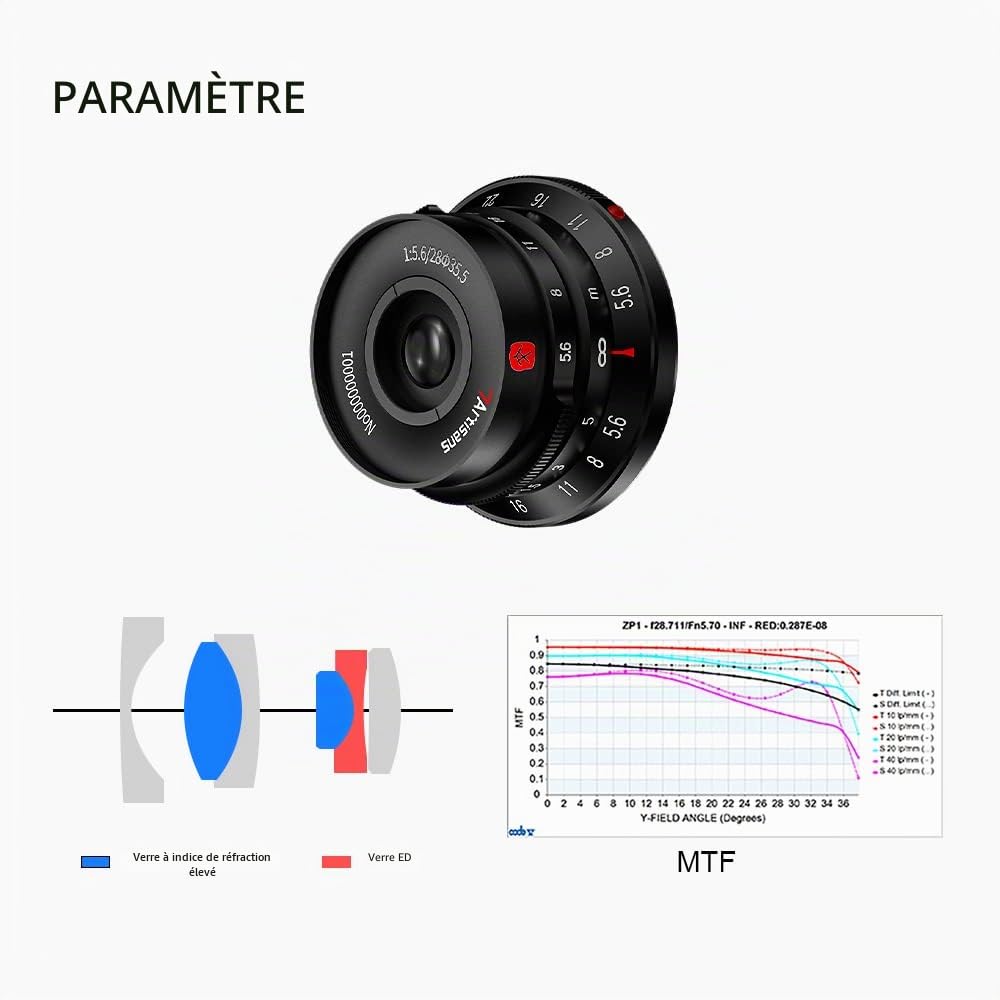 7artisans Objectif M28 mm F5.6 Plein Cadre avec Mise au Point Manuelle Prime avec Pare-Soleil d'objectif pour Appareil Photo Leica M Mount sans Miroir M2 M3 M4 M5 M6 M7 M8 M9 M9P M10