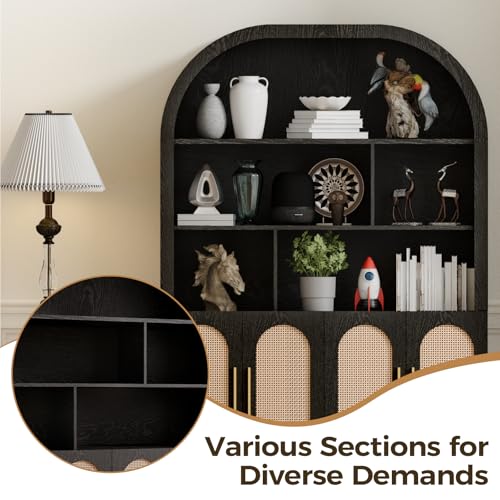 Image of 71 inch Arched Tall Wood Storage Cabinet - 5-Tier Rattan Door Pantry Organizer with Divider Shelf & Gold Handles, Versatile Bookcase for Living Room & Kitchen, Jet Black
