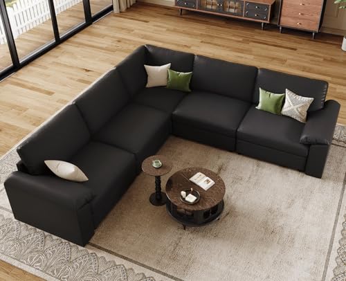 Image of EASE MOOSE Oversized Corner Modular Sectional Sofa, Faux Leather Sectional Sofa with Deep Seat, Vintage Scratch Resistant Faux Leather Material, Extra Large L Shaped Couch,Black