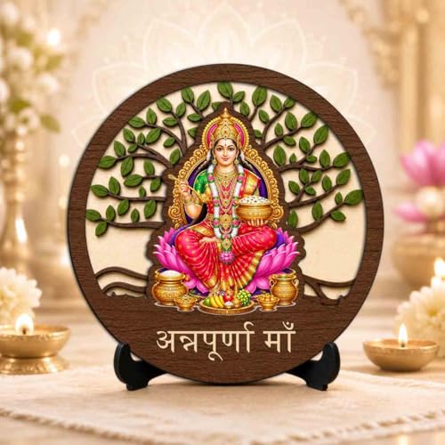 Image of Annapurna Maa Wooden Idol with Stand for Home Temple, Puja Room, Office Desk & Indoor Mandir Decor - 5x5 Inch