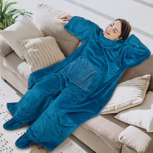 PAVILIA Fleecedecke mit Ärmeln und Fußtaschen für Damen, Herren, Erwachsene, tragbare Decke, Überwurf, Plüschumarmung, Schlafsack… – Ansicht 3