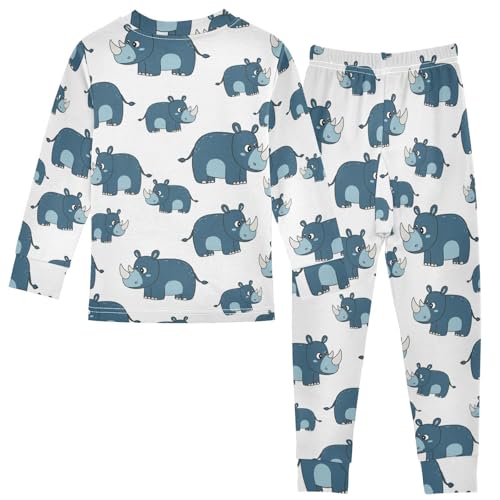 Pajama Sets Long Sleeve Blue Rhino Pattern Print Soft Comfy Sleepwear 2 Piece PJS 3-8T3