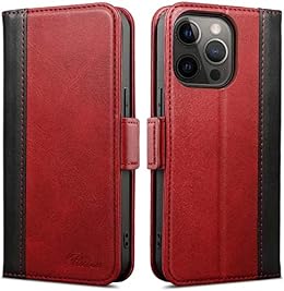 BCMCBV Magnetic Buckle Folio Stand Case for Apple iPhone 13 Pro Max, Imitation Leather Flip Wallet Phone Cover with Neck Lanyard Strap (Color : Red)