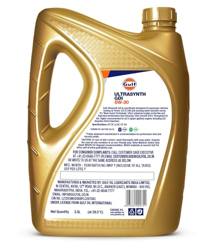 Image of Gulf ULTRASYNTH GDI 5W30 API SP, ILSAC GF-6A | Developed for Petrol, E20 & CNG Passenger Cars | 4 Wheeler Full-Synthetic Engine Oil [3.5 L] - Pack of 1