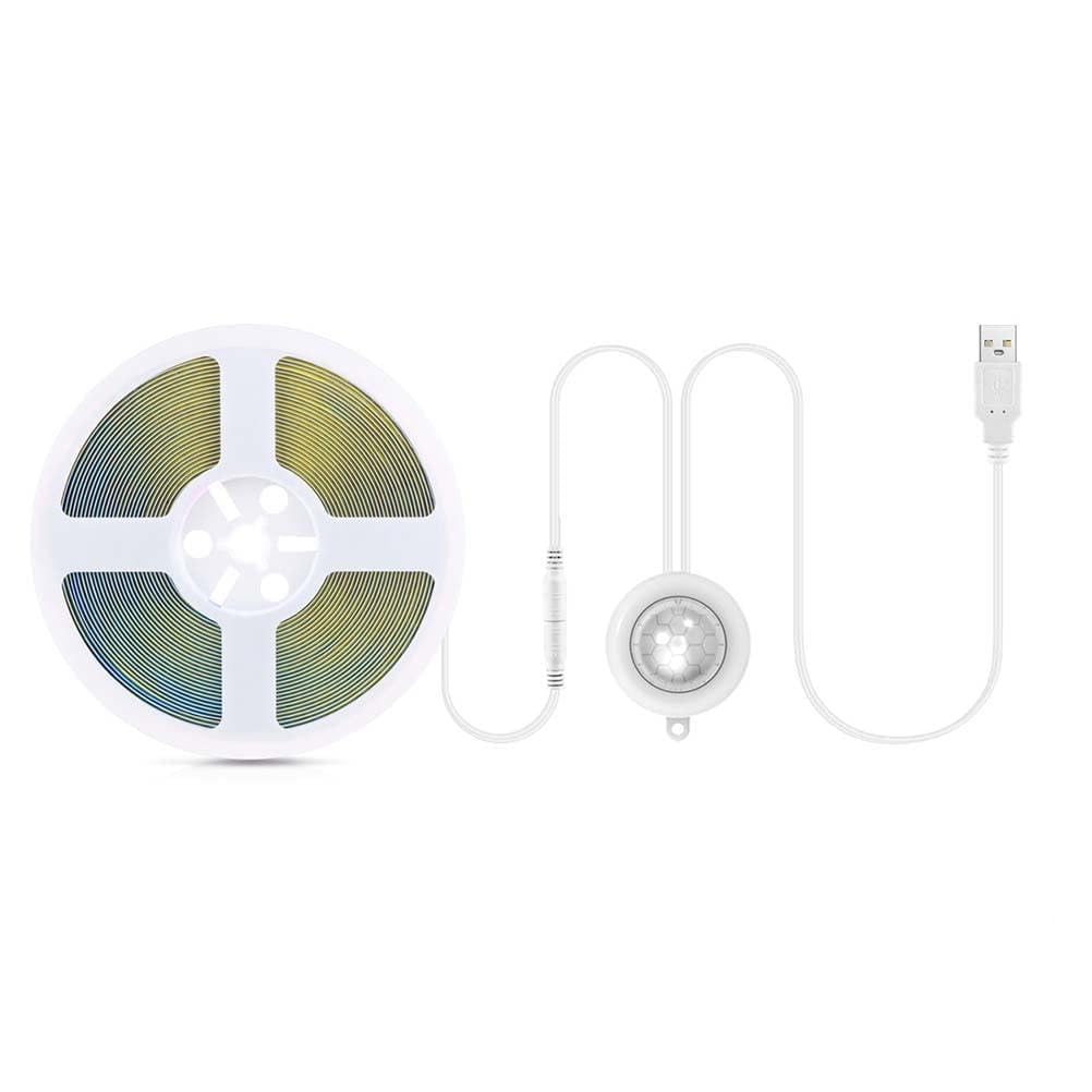 AoLa COB LED Streifen mit Bewegungsmelder, 320 LEDs/M LED Strip mit Stecker DIY Streifen Flexibler Neon Selbstklebend Schneidbare Bewegungsaktivierte Licht lnnen Beleuchtung für Schränke Flur,6000k,5M