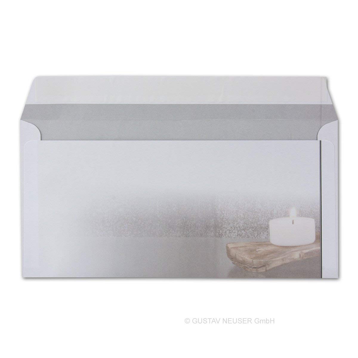 Série Bianca - Lot de 400 enveloppes de condoléances, avec motif de bougies sur bois ancien, fermeture adhésive, format DIN long, 22 x 11 cm, 90 g/m²